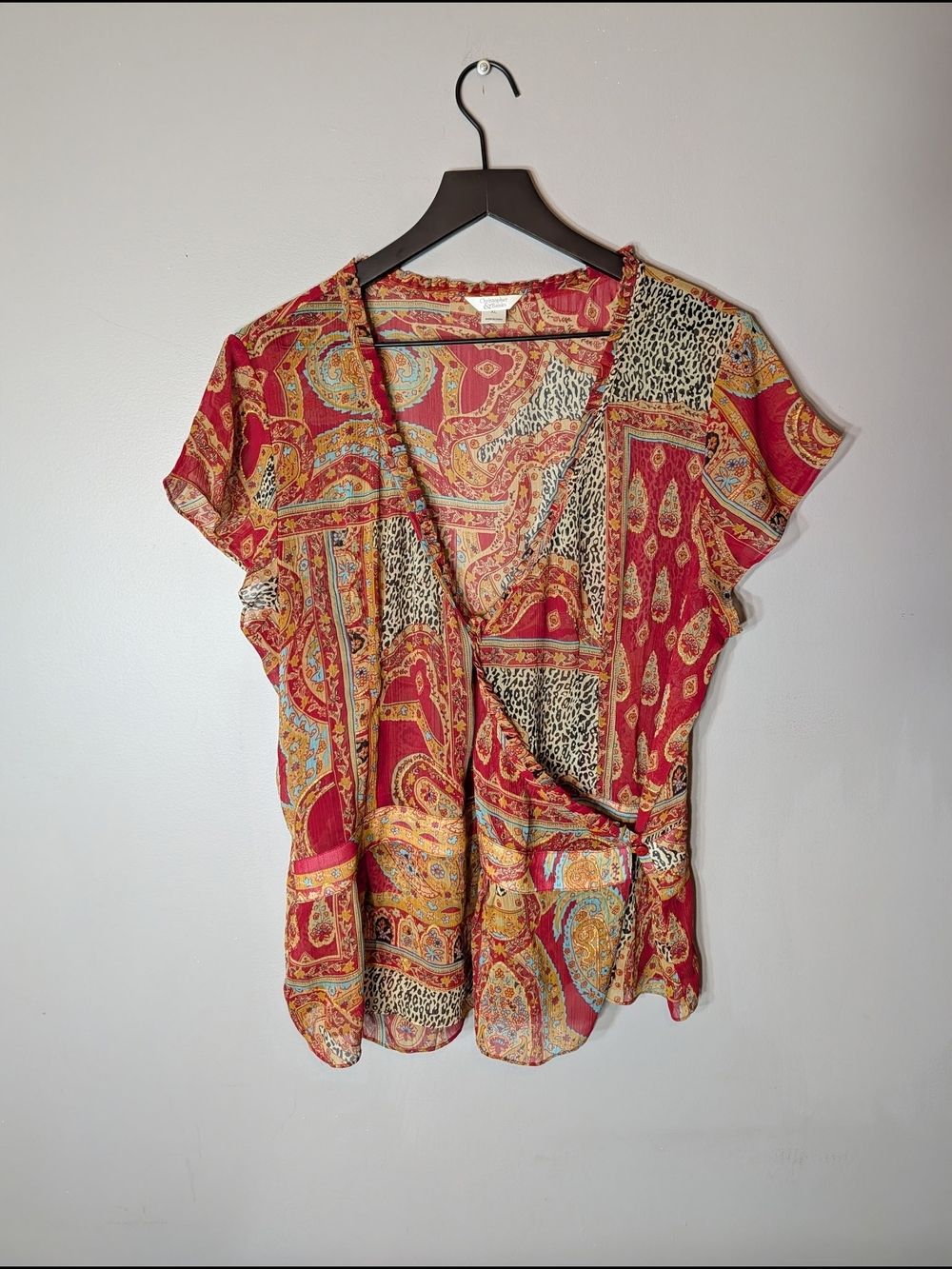 Christopher & Banks Boho Red Paisley Patchwrap Blouse with Leopard Panels